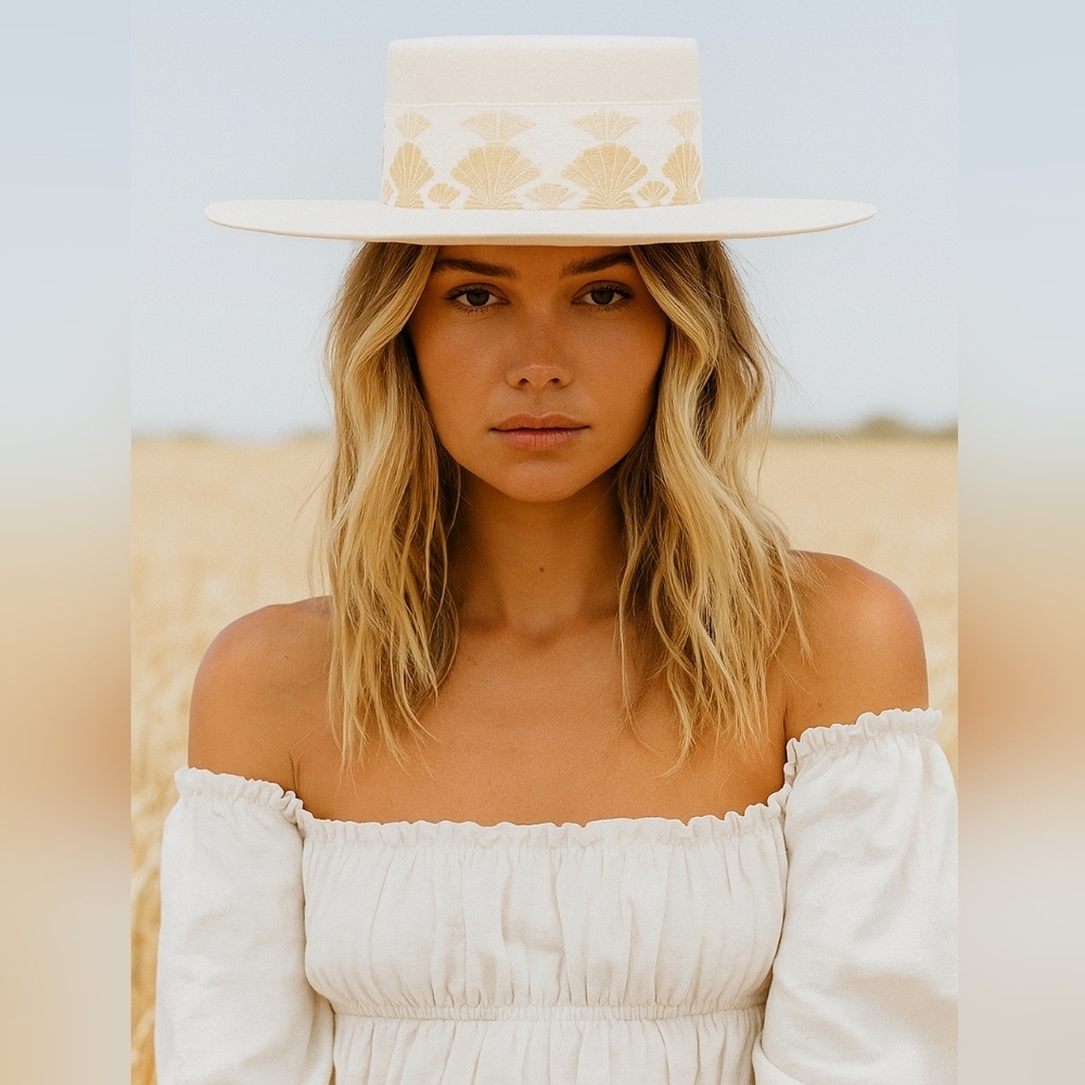 Olive & Pique The Aukai Gambler Wool Felt Hat Scallop Shell Ribbon Detail